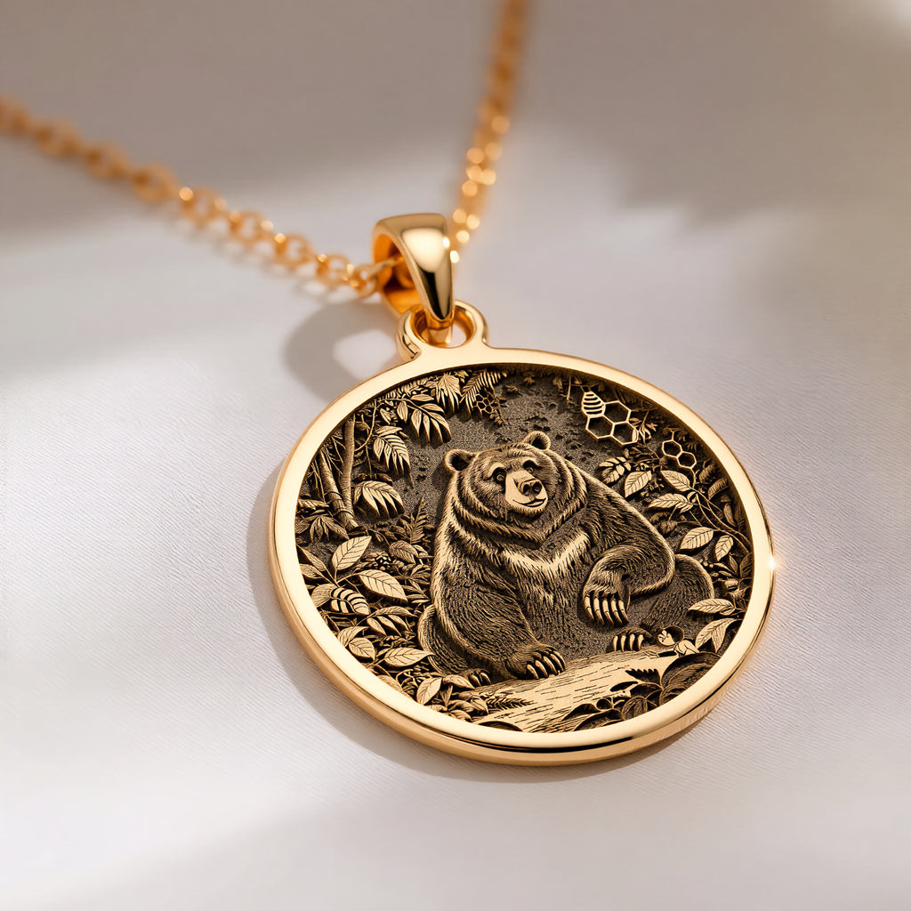 14K solid gold Jungle Bear Spirit Animal Pendant: round  of bear spirit animal with eng...