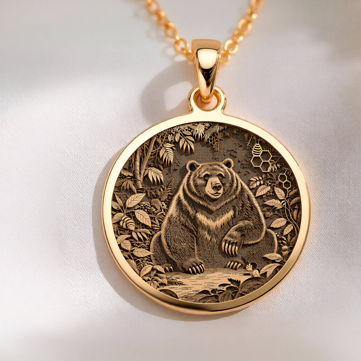 14K solid gold Jungle Bear Spirit Animal Pendant: round  detailed engraved bear surroun...