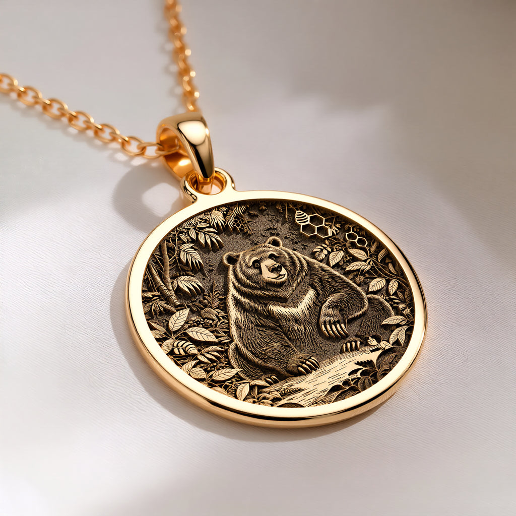 Jungle Bear Spirit Animal Pendant Necklaces 14K 14K Gold Plated pendant necklace featuring a bear surrounded by foliage design.