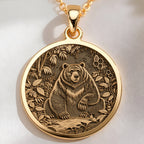 Jungle Bear Spirit Animal Pendant Necklaces 14K 14K Gold Plated pendant necklace featuring a detailed bear sitting among leaves.