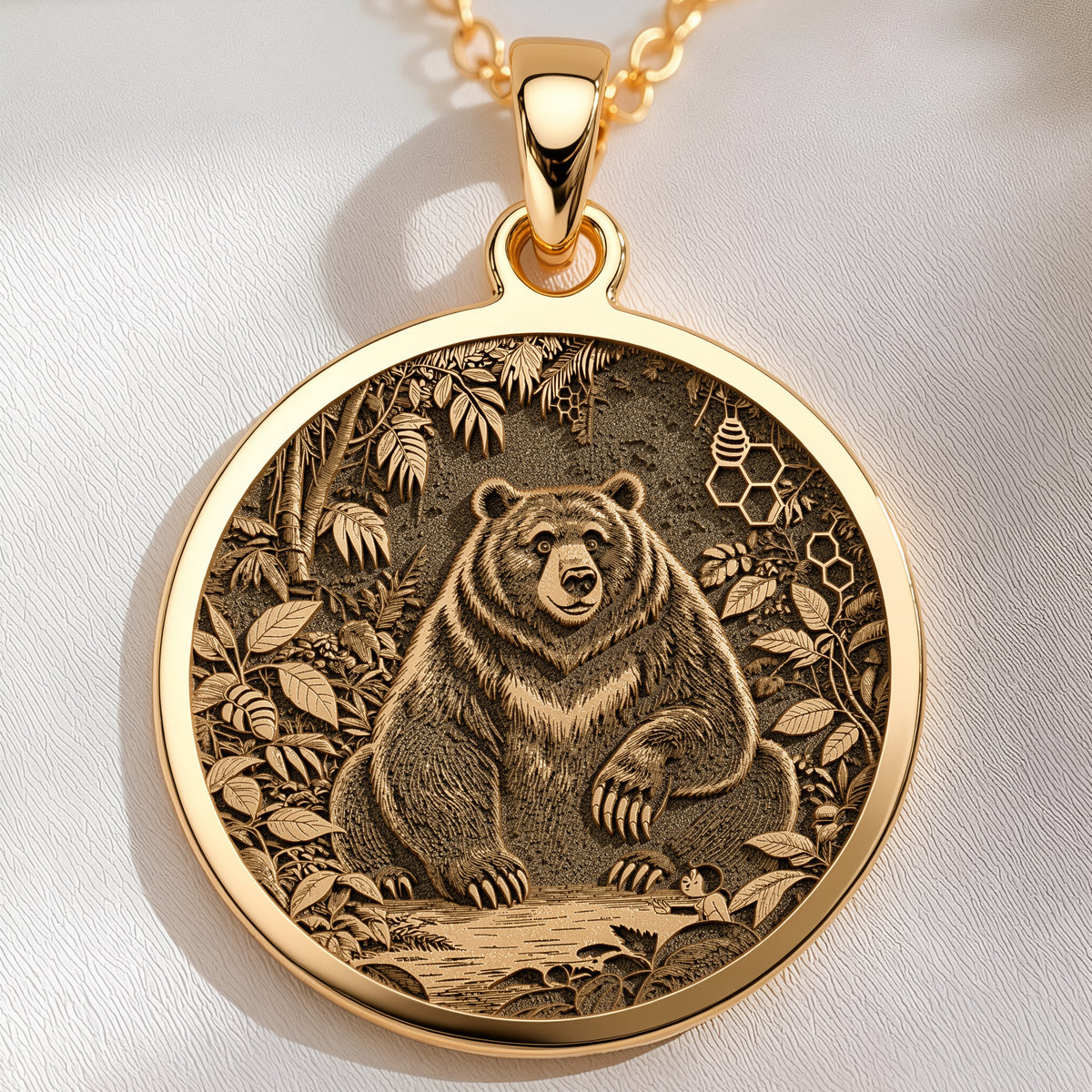 14K solid gold Jungle Bear Spirit Animal Pendant: round  detailed engraved bear surroun...