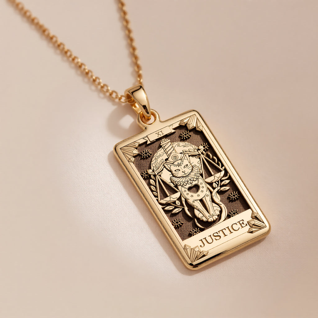 Justice Tarot Arcana Necklace Necklaces 14K 14K Gold Plated pendant necklace featuring a Lady Justice design with scales and sword motif.