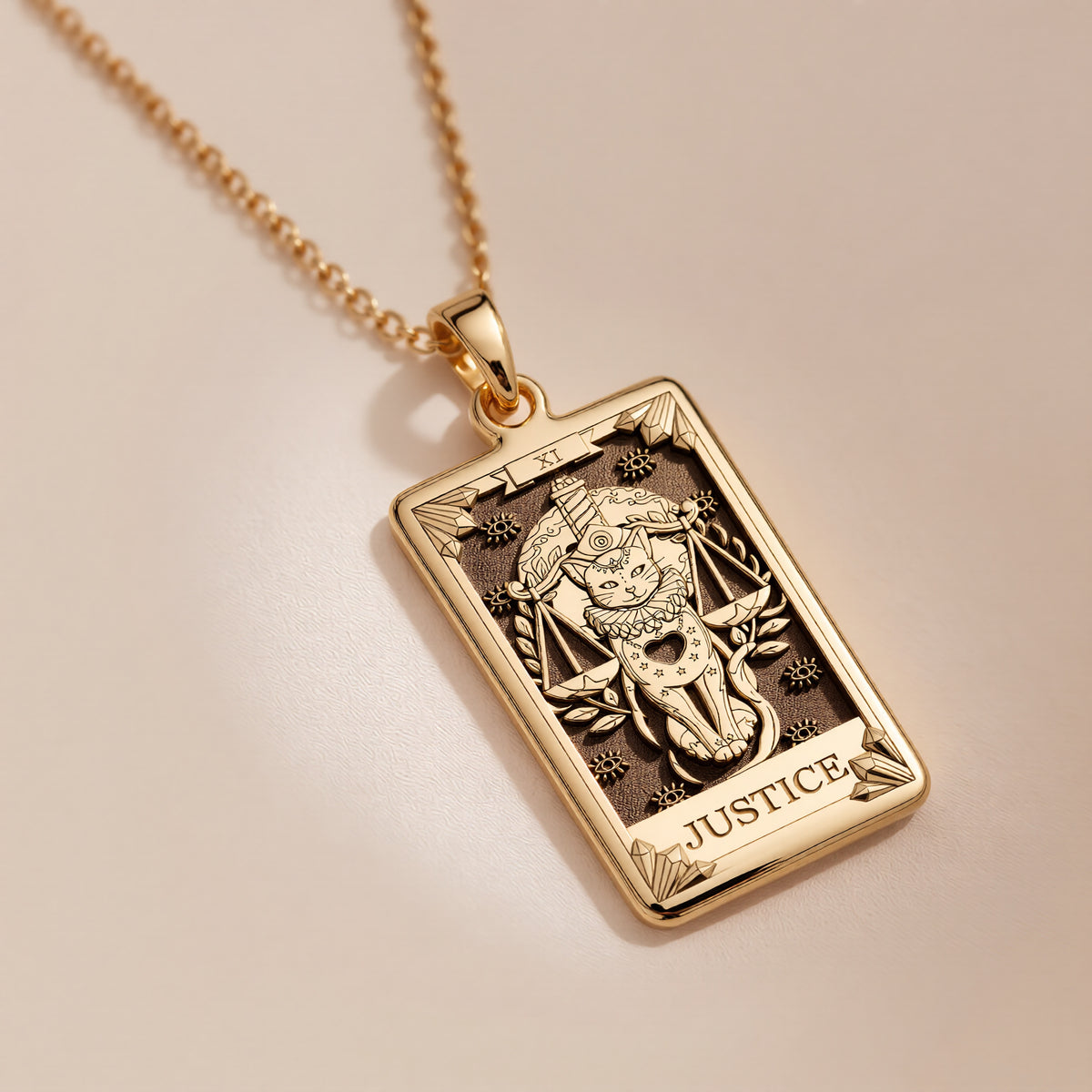 Justice Tarot Arcana Necklace Necklaces 14K 14K Gold Plated pendant necklace featuring a Lady Justice design with scales and sword motif.