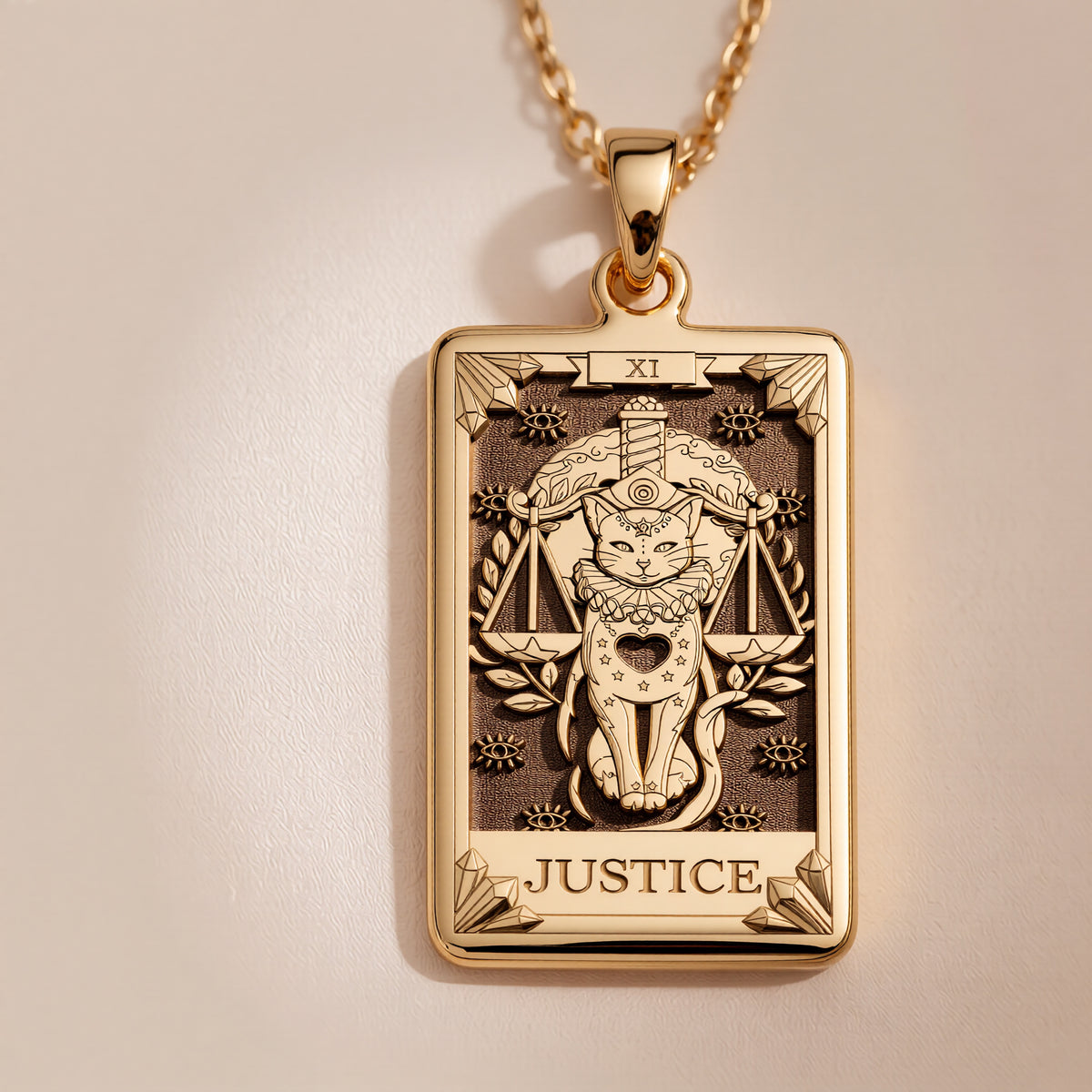 Justice Tarot Arcana Necklace Necklaces 14K 14K Gold Plated rectangular pendant featuring Lady Justice scales with a cat design and the word JUSTICE