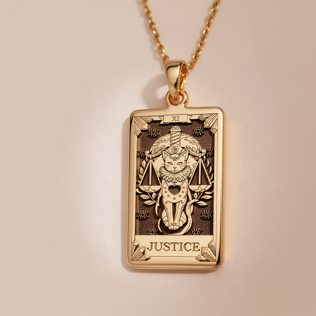 Justice Tarot Arcana Necklace Necklaces 14K 14K Gold Plated plated rectangular pendant featuring Lady Justice scales and sword design