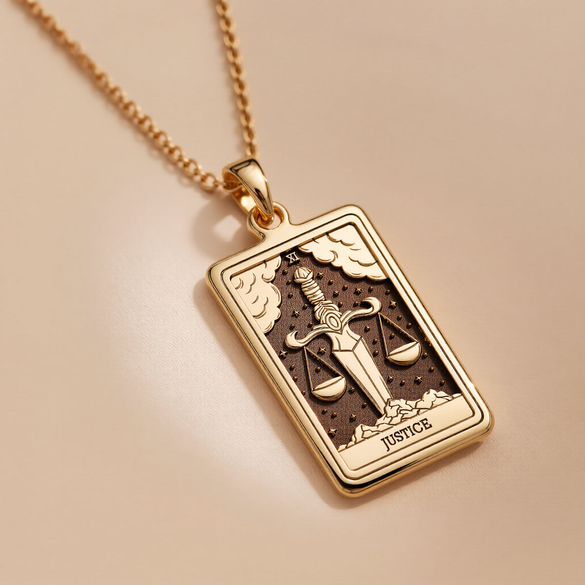 Justice Tarot Major Arcana Pendant Necklaces 14K 14K Gold Plated pendant necklace featuring scales of justice and sword design.