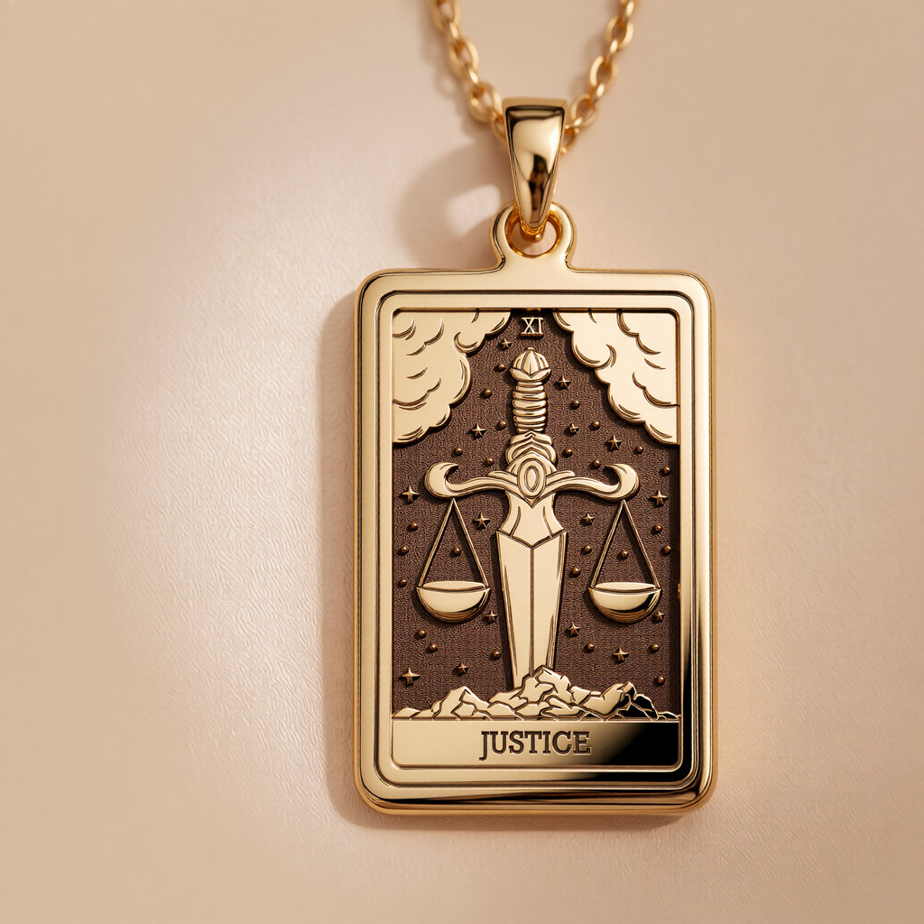 Justice Tarot Major Arcana Pendant Necklaces 14K 14K Gold Plated pendant necklace featuring the scales of justice design.