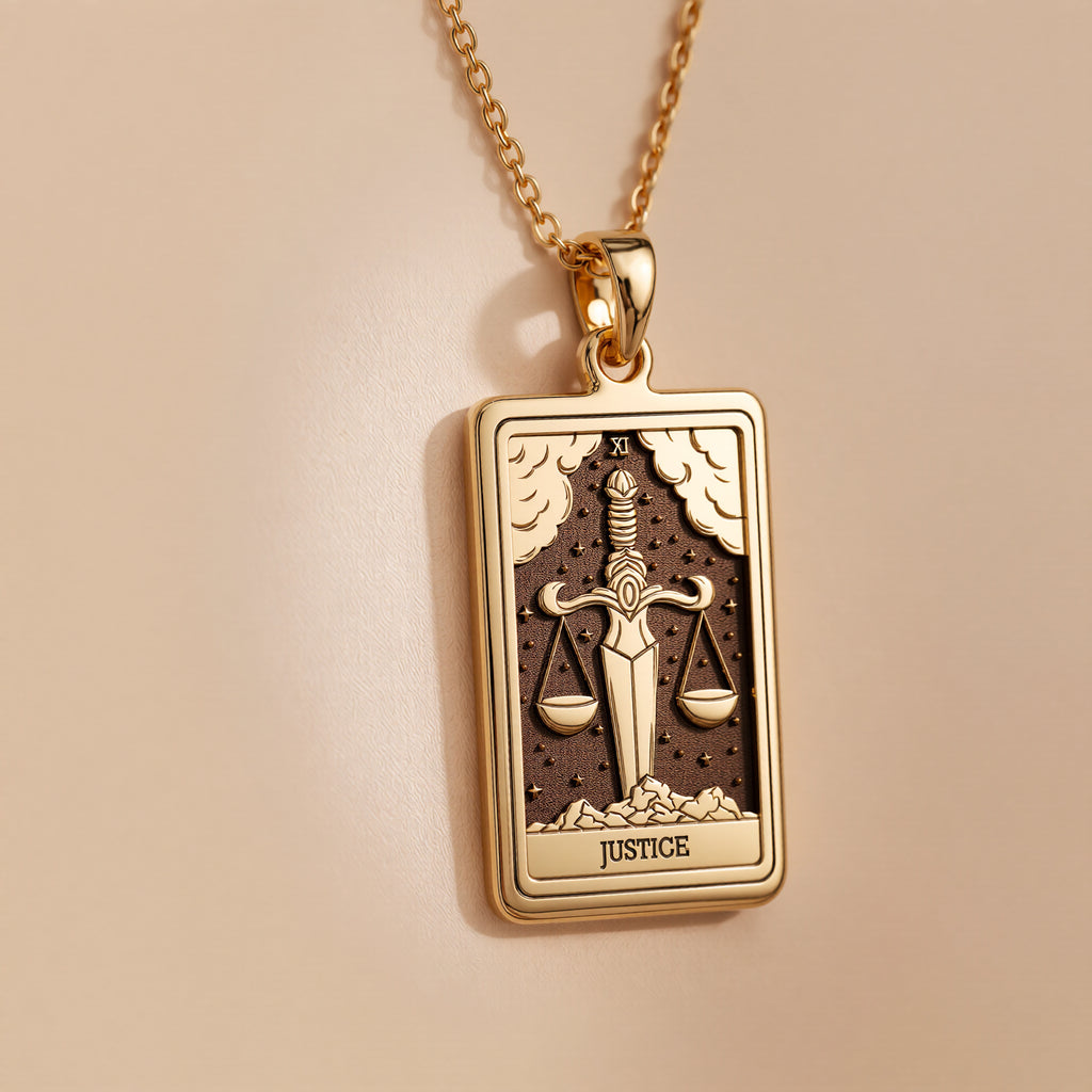 Justice Tarot Major Arcana Pendant Necklaces 14K 14K Gold Plated pendant necklace featuring a square scales of justice design.