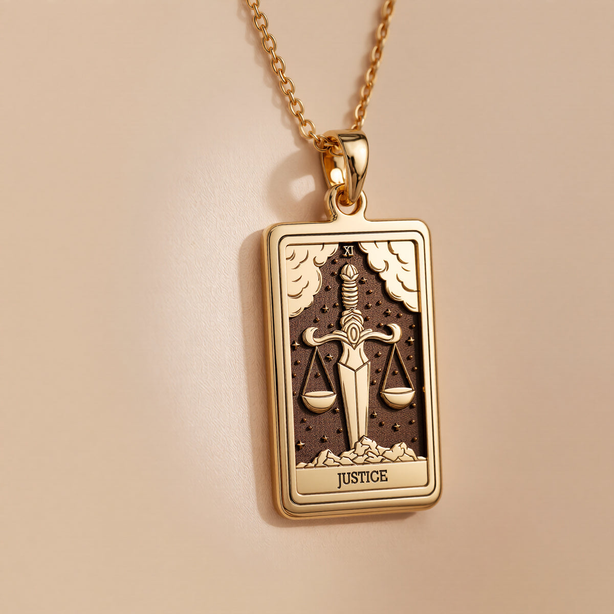 Justice Tarot Major Arcana Pendant Necklaces 14K 14K Gold Plated pendant necklace featuring a square scales of justice design.