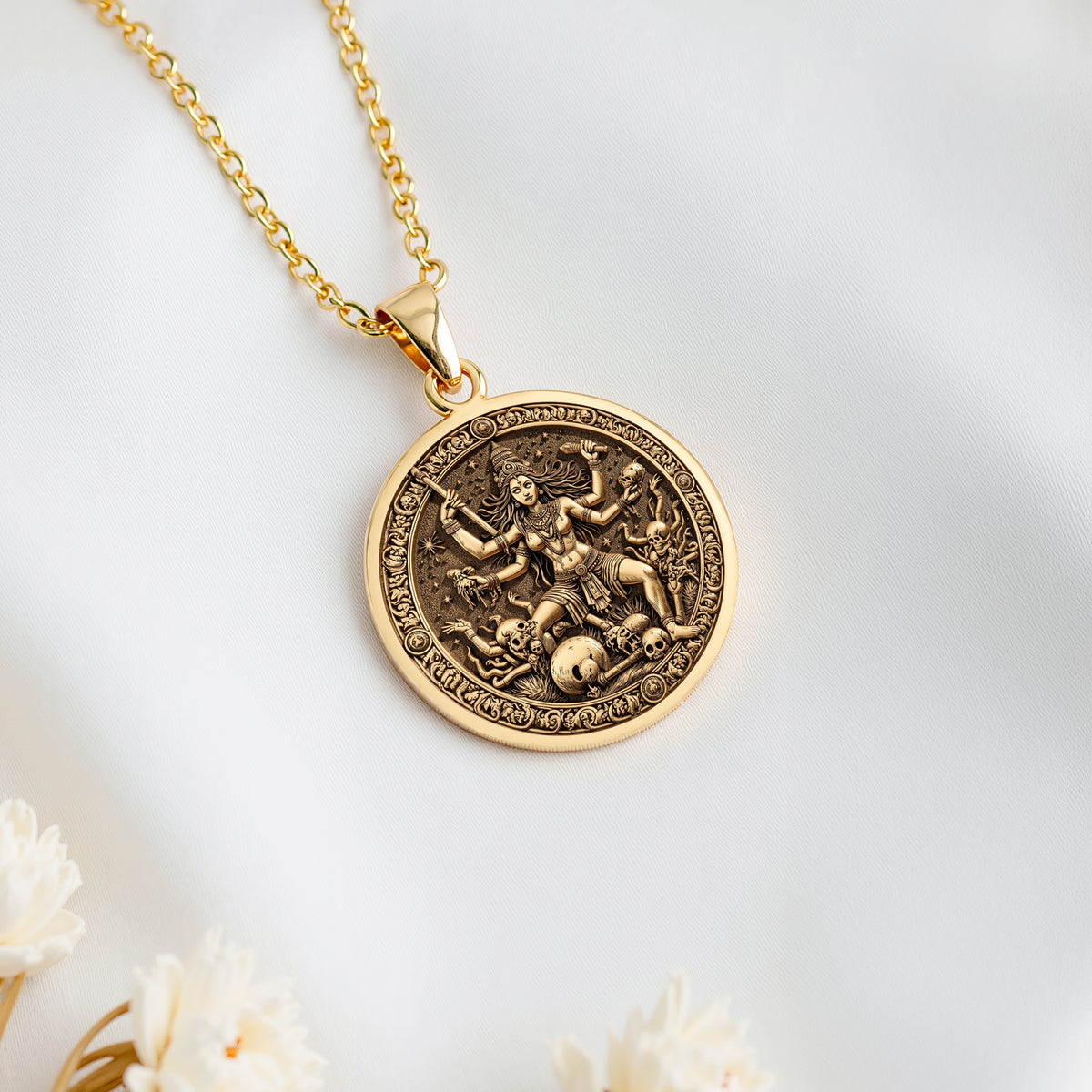 Kali Ma Hindu Goddess Coin Pendant Necklaces 14K 14K Gold Plated circular pendant featuring a detailed classical mythological scene necklace