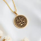 Kali Ma Hindu Goddess Coin Pendant Necklaces 14K 14K Gold Plated circular pendant featuring a detailed classical mythological scene necklace
