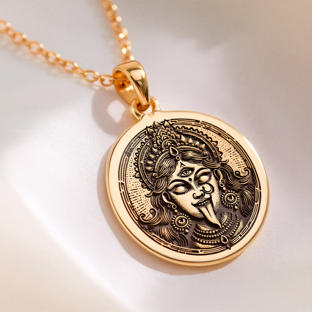 14K solid gold Kali Ma Skull Garland Tantra Pendant: round  of Kali Ma Hindu goddess wi...
