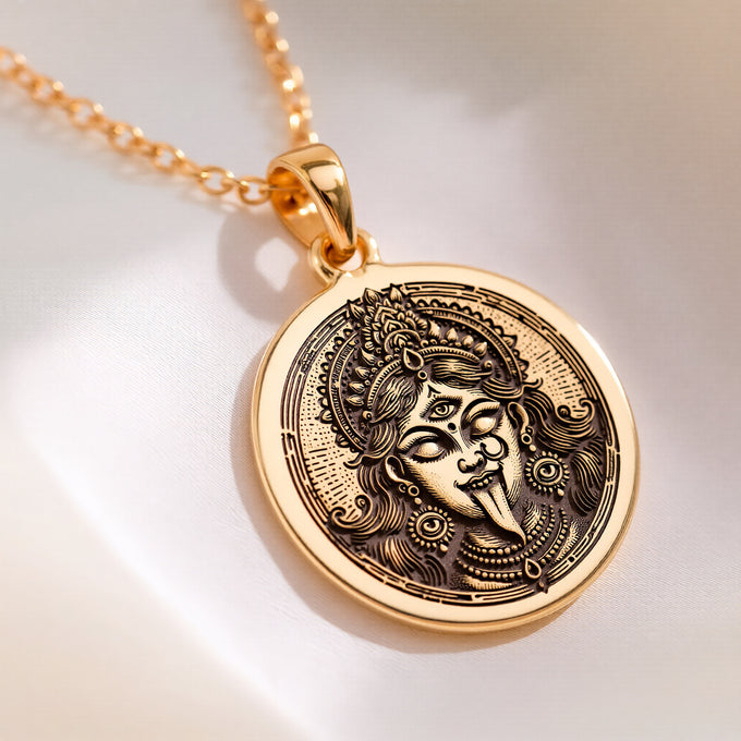 14K solid gold Kali Ma Skull Garland Tantra Pendant: round  of Kali Ma Hindu goddess wi...
