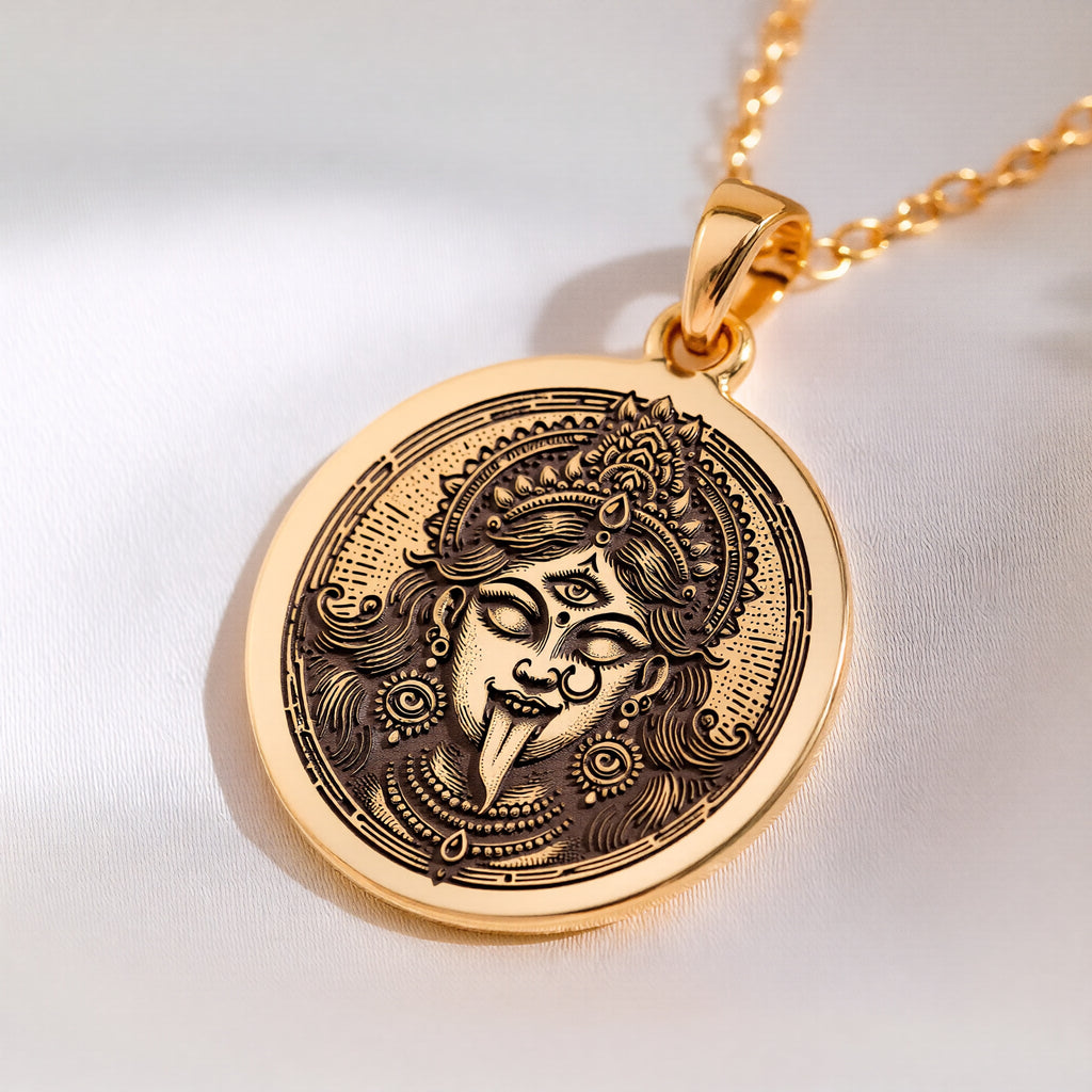 14K solid gold Kali Ma Skull Garland Tantra Pendant: round  of Kali Ma Hindu goddess wi...