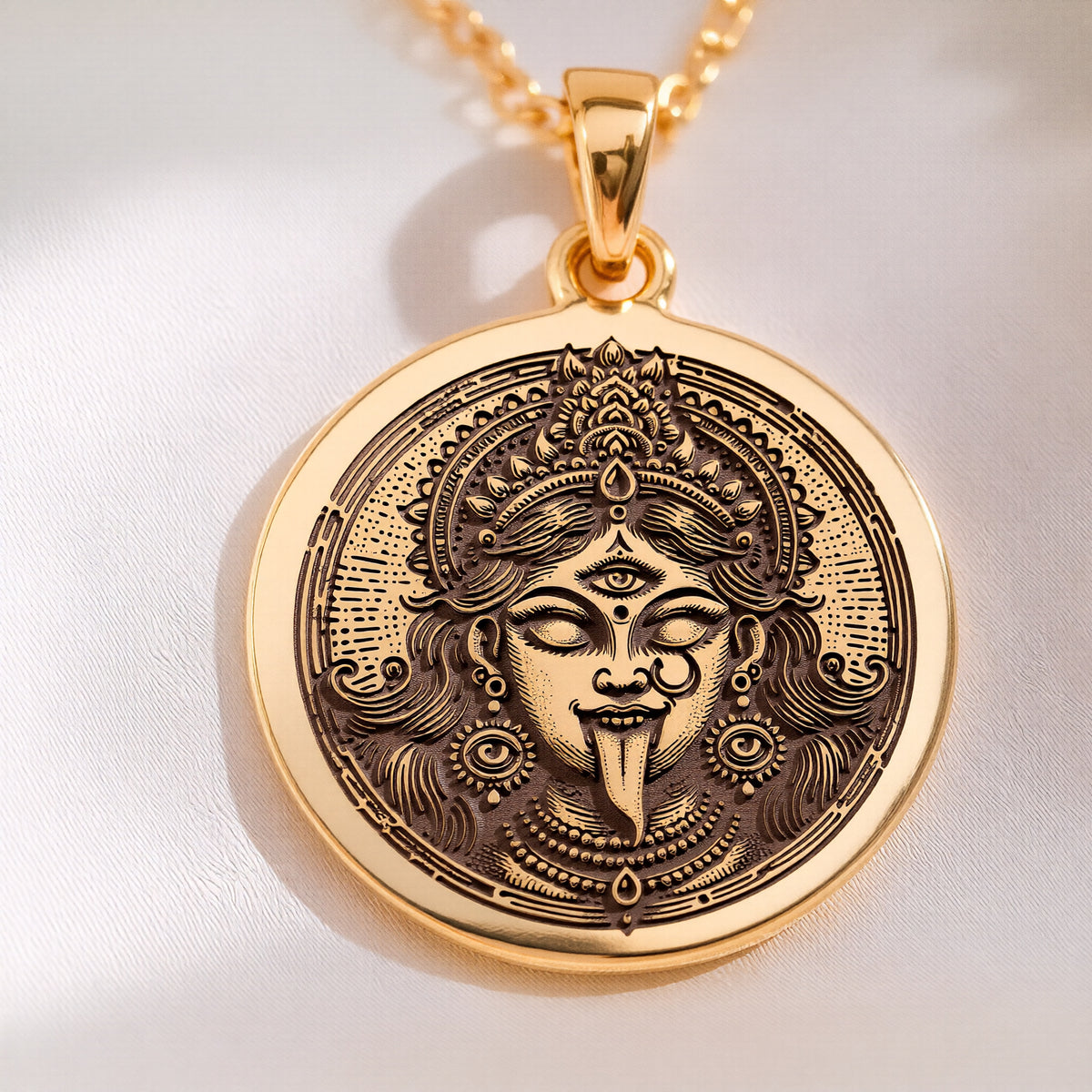 14K solid gold Kali Ma Skull Garland Tantra Pendant: round  of Kali Ma Hindu goddess wi...