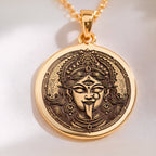 14K solid gold Kali Ma Skull Garland Tantra Pendant: round  of Kali Ma Hindu goddess wi...