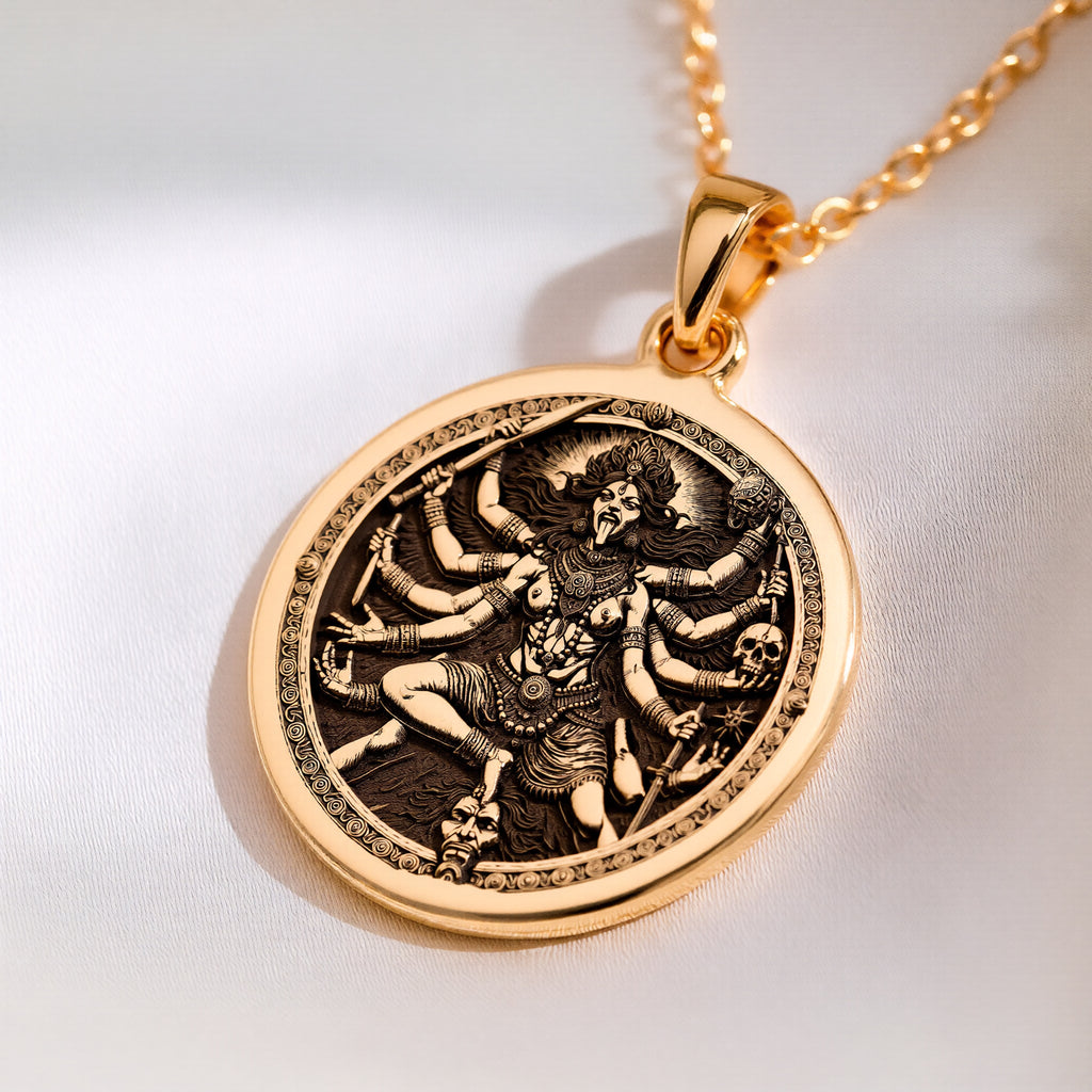Kali Ma Divine Feminine Pendant Necklaces 14K 14K Gold Plated pendant necklace featuring a detailed figure surrounded by skulls and skeletal elements.
