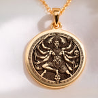 Kali Ma Divine Feminine Pendant Necklaces 14K 14K Gold Plated round pendant featuring a multi-headed mythological figure design.
