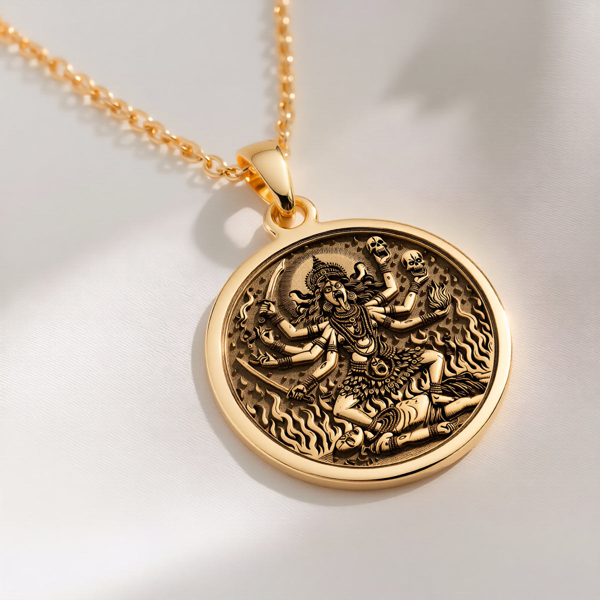 14K solid gold Kali Ma Goddess Skull Garland Pendant: round  of Kali Ma Hindu goddess w...