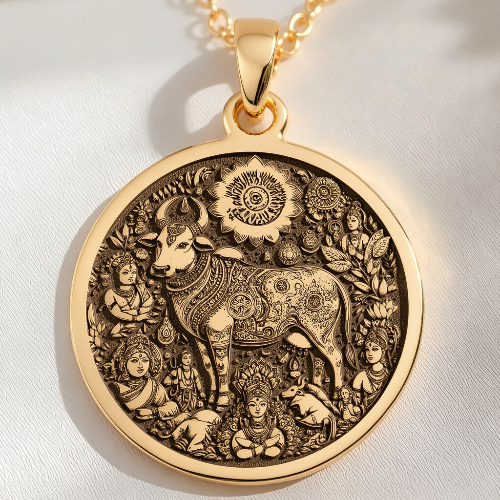 14K solid gold necklace Kamadhenu Cow Hindu Cow | - Ancient Mythology Protection Talisman mythology