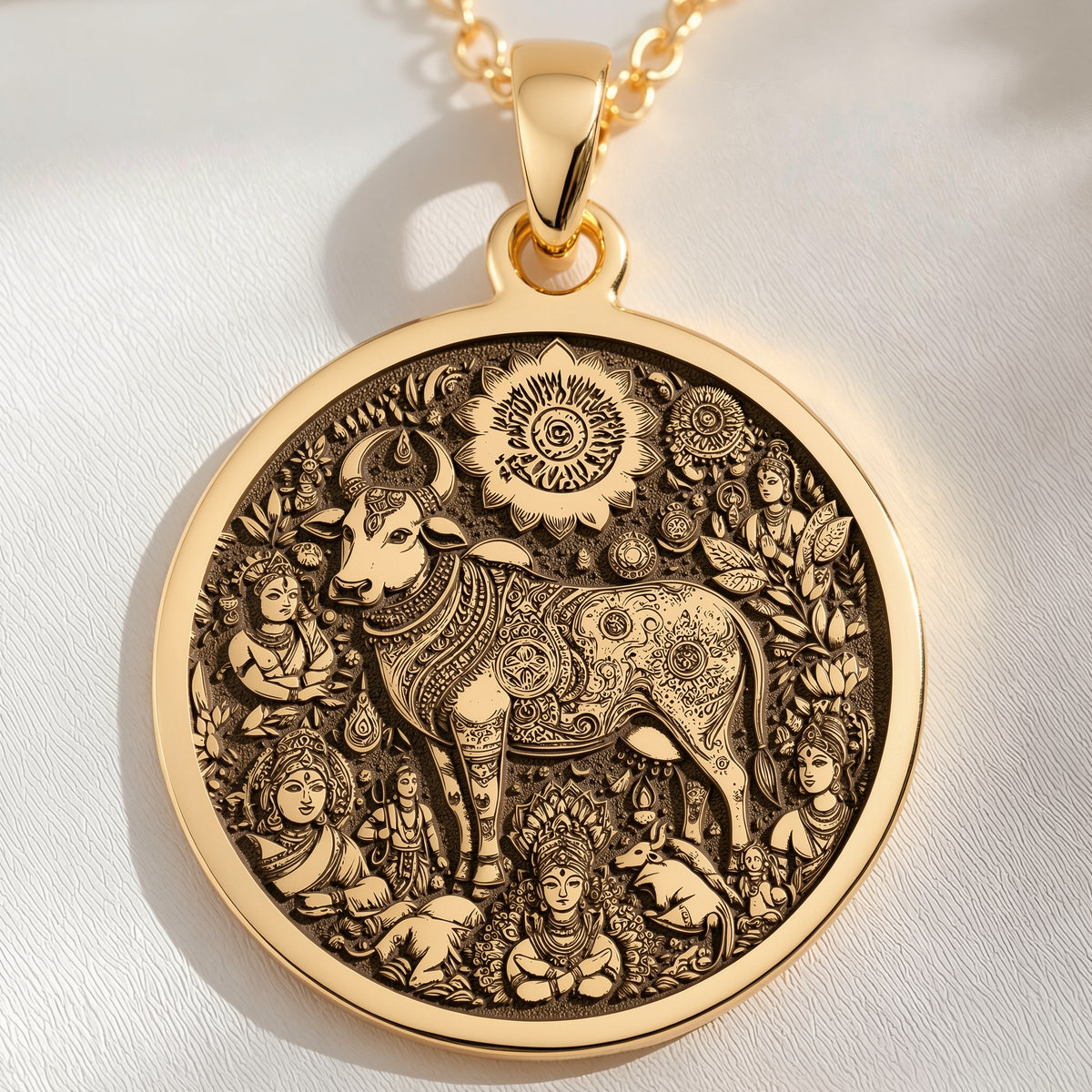 14K solid gold necklace Kamadhenu Cow Hindu Cow | - Ancient Mythology Protection Talisman mythology