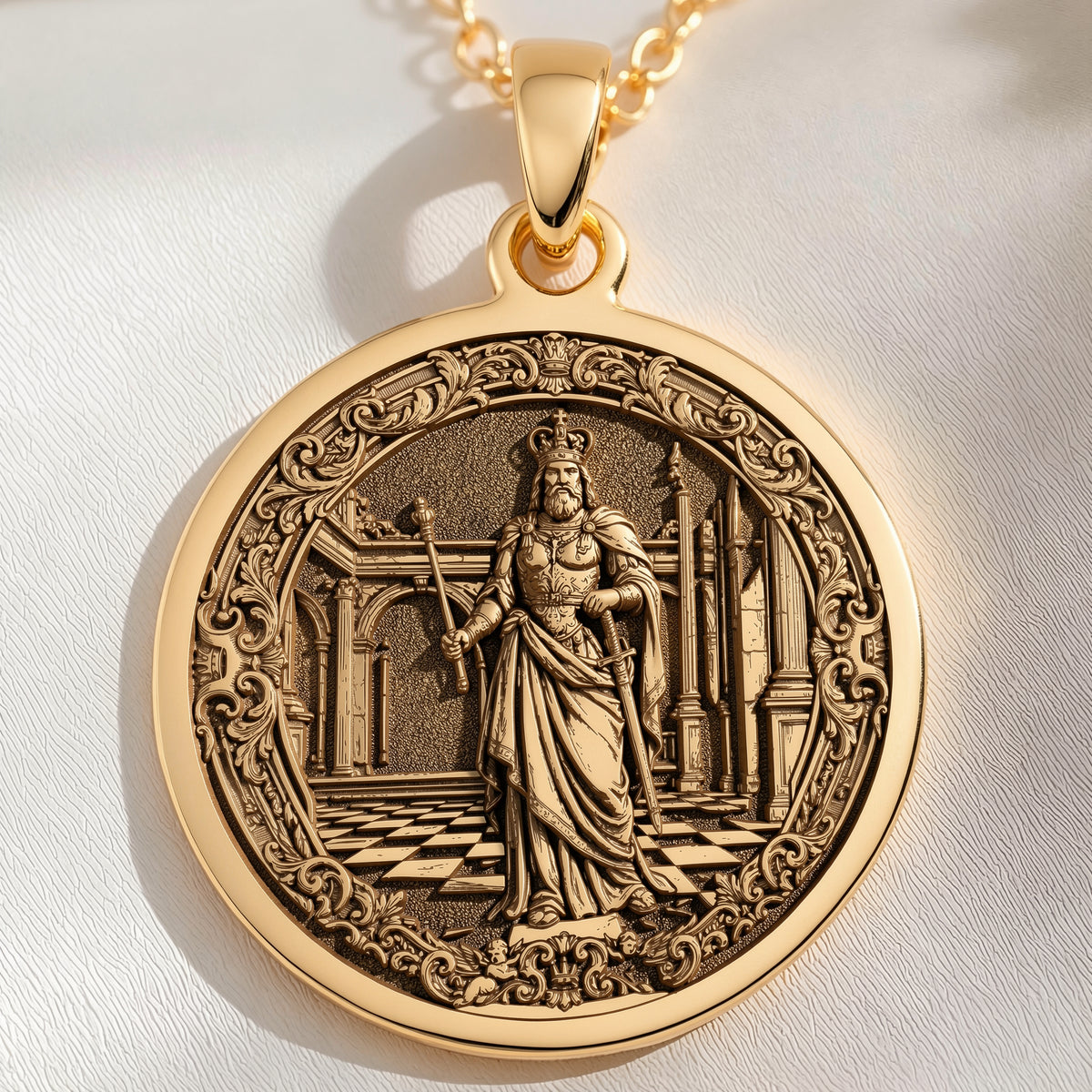14K solid gold King Chess Coin Leadership Pendant: round  King chess piece with engrave...