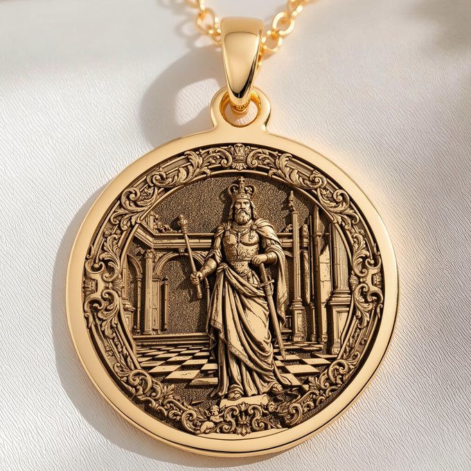 14K solid gold King Chess Coin Leadership Pendant: round  King chess piece with engrave...