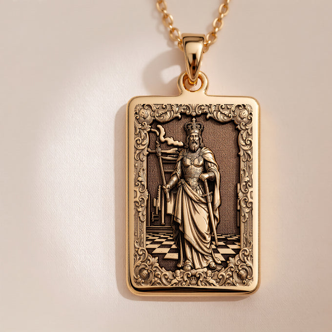 14K solid gold King chess piece pendant necklace. Polished leadership symbol power jewelry for men.