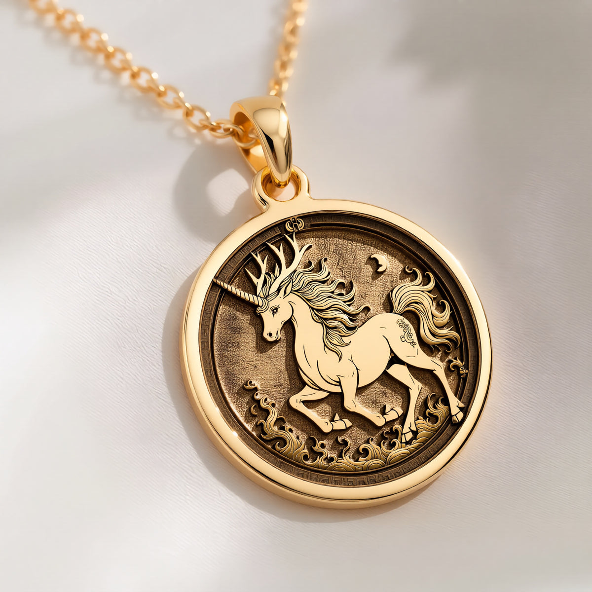 14K solid gold Qilin Mythological Talisman Necklace: round  of Qilin Chinese mythical c...