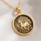 14K solid gold Qilin Mythological Talisman Necklace: round  of Qilin Chinese mythical c...