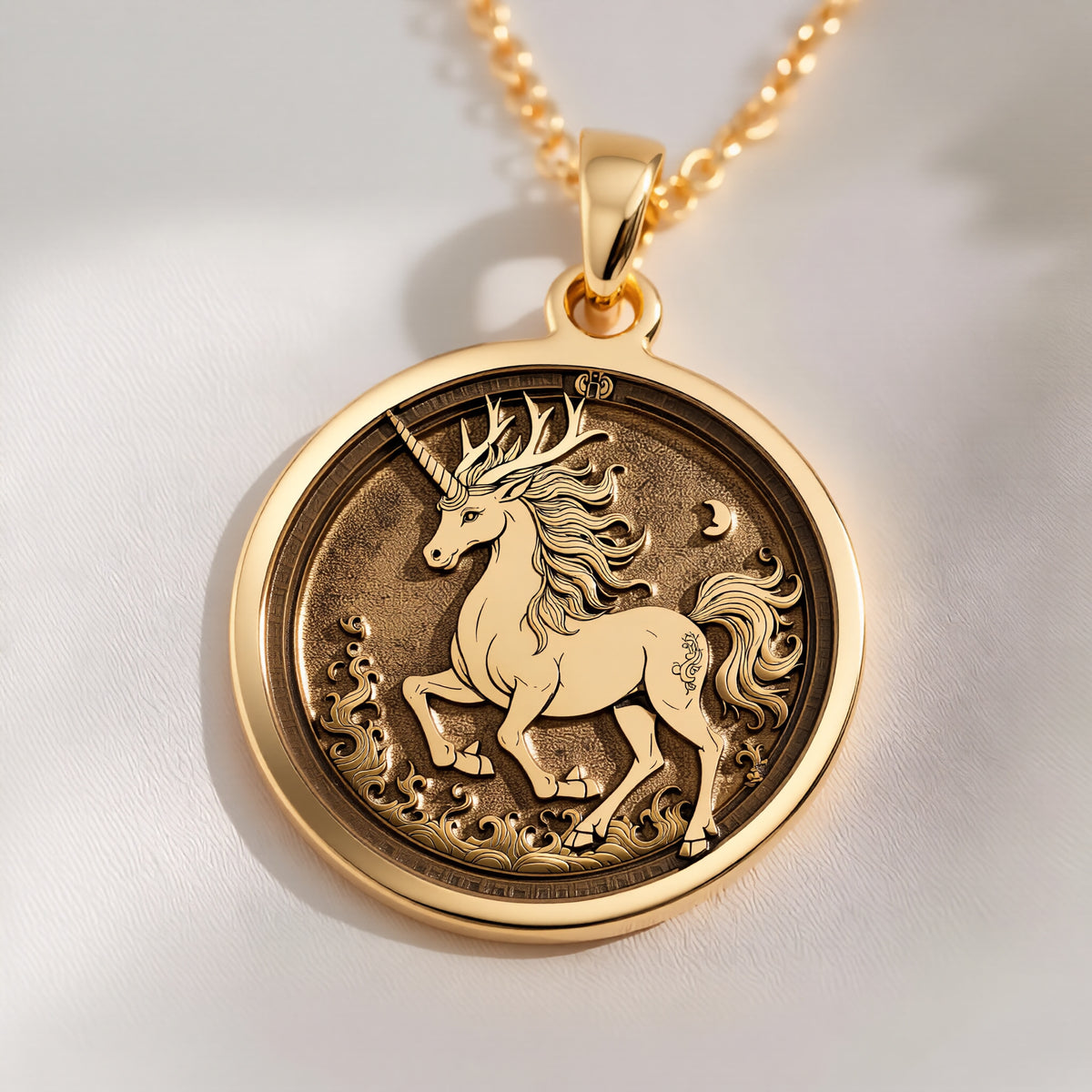 14K solid gold Qilin Mythological Talisman Necklace: round  of Qilin Chinese mythical c...