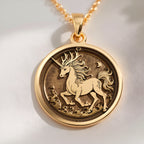 14K solid gold Qilin Mythological Talisman Necklace: round  of Qilin mythical Chinese c...