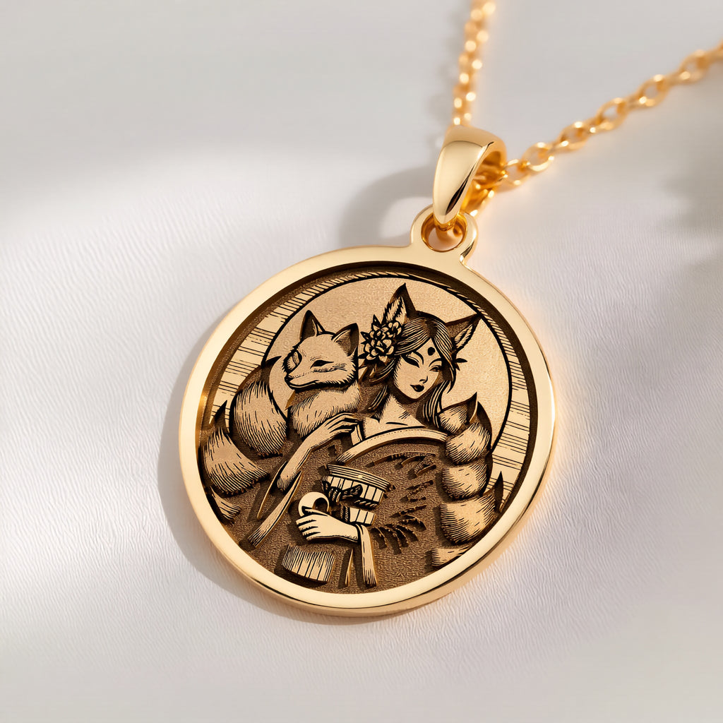 14K solid gold Kitsune Fox Medallion Necklace: round  Kitsune fox deity with engraved f...