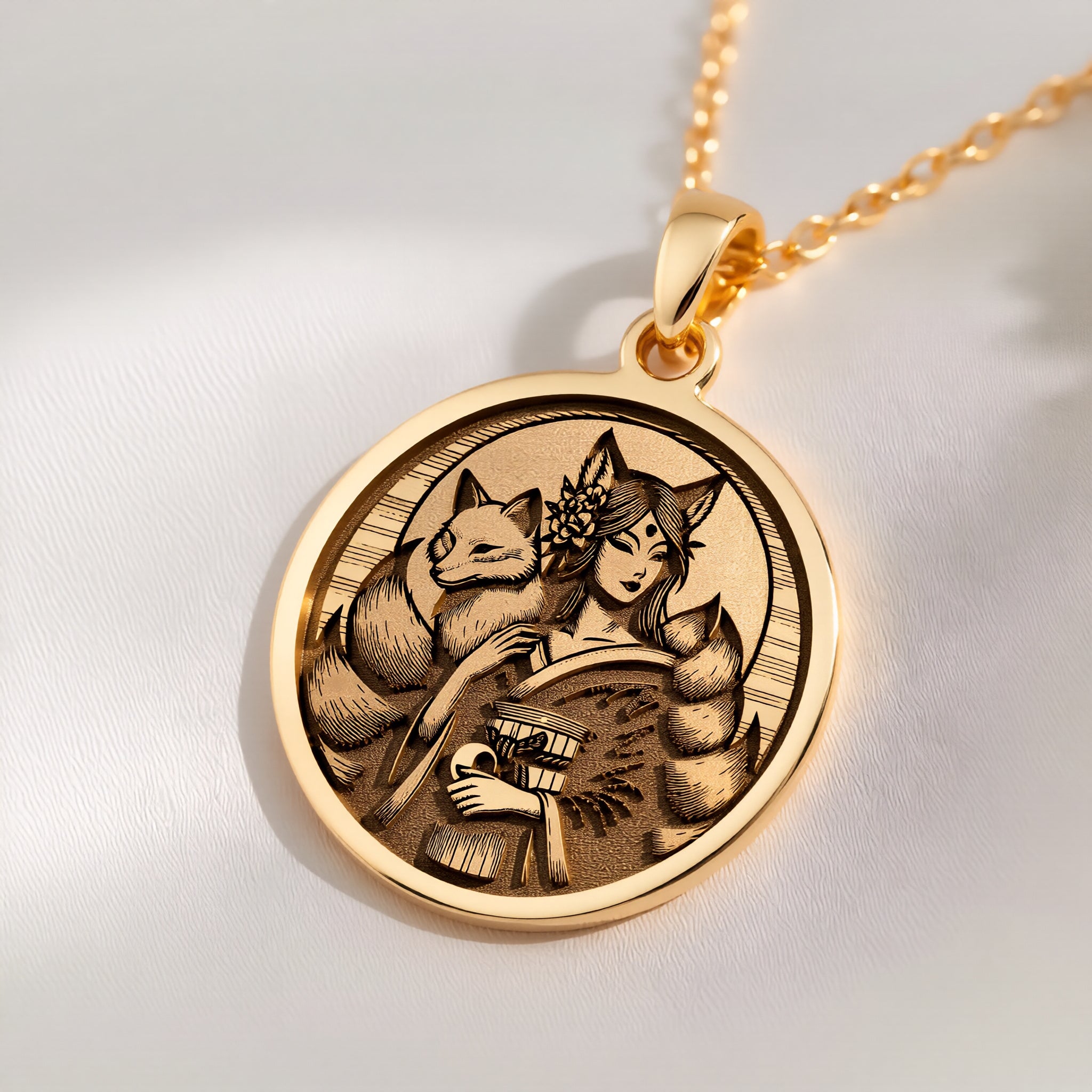 Kitsune Fox Medallion Necklace | 14K Solid Gold - Spiritual Protection Talisman