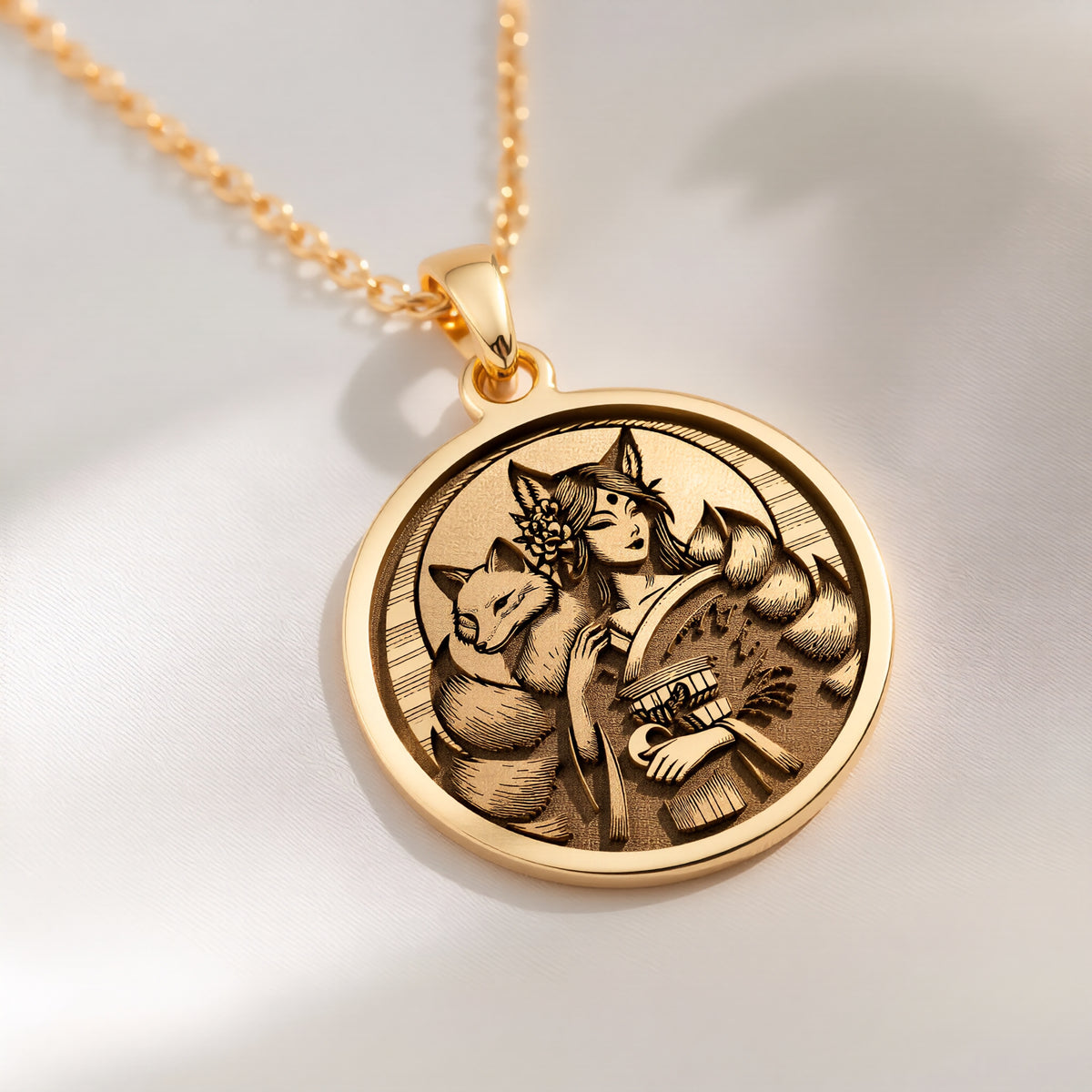 14K solid gold Kitsune Fox Medallion Necklace: round  Japanese Kitsune fox deity with n...