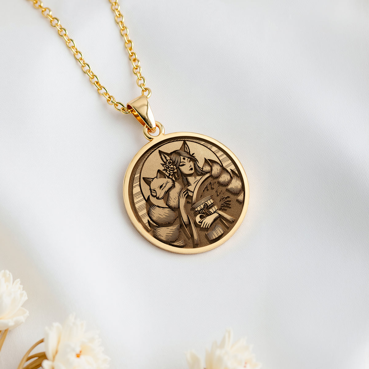 14K solid gold Kitsune Fox Medallion Necklace: round  of Kitsune fox deity with engrave...