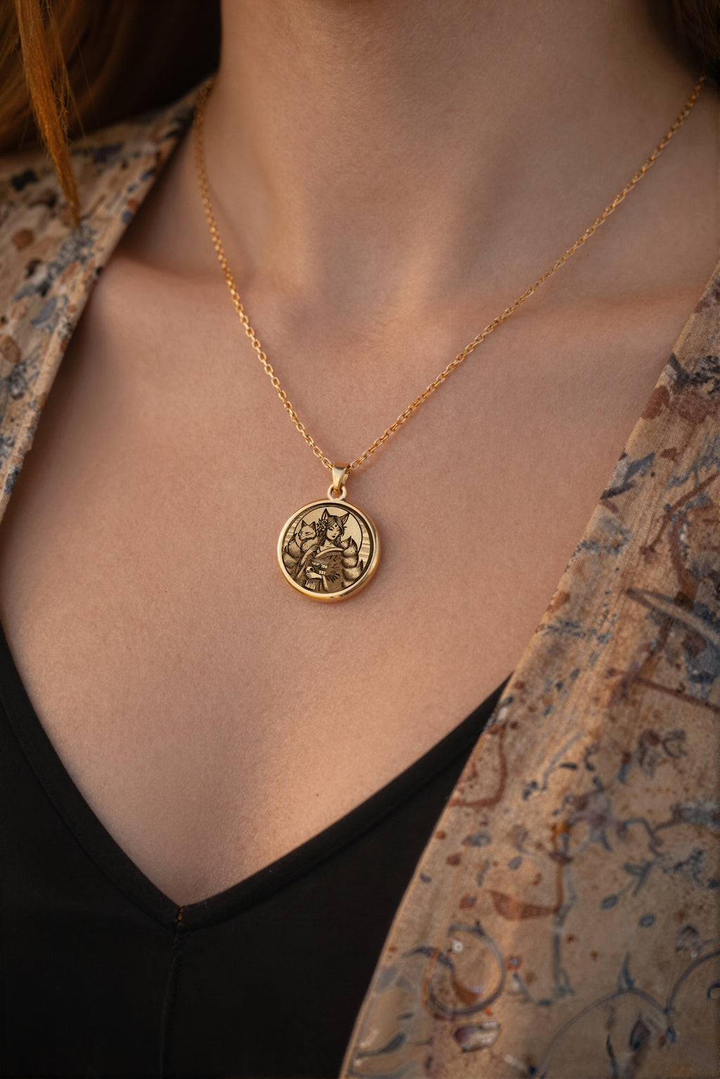 Kitsune Fox Medallion Necklace | 14K Solid Gold - Spiritual Protection Talisman