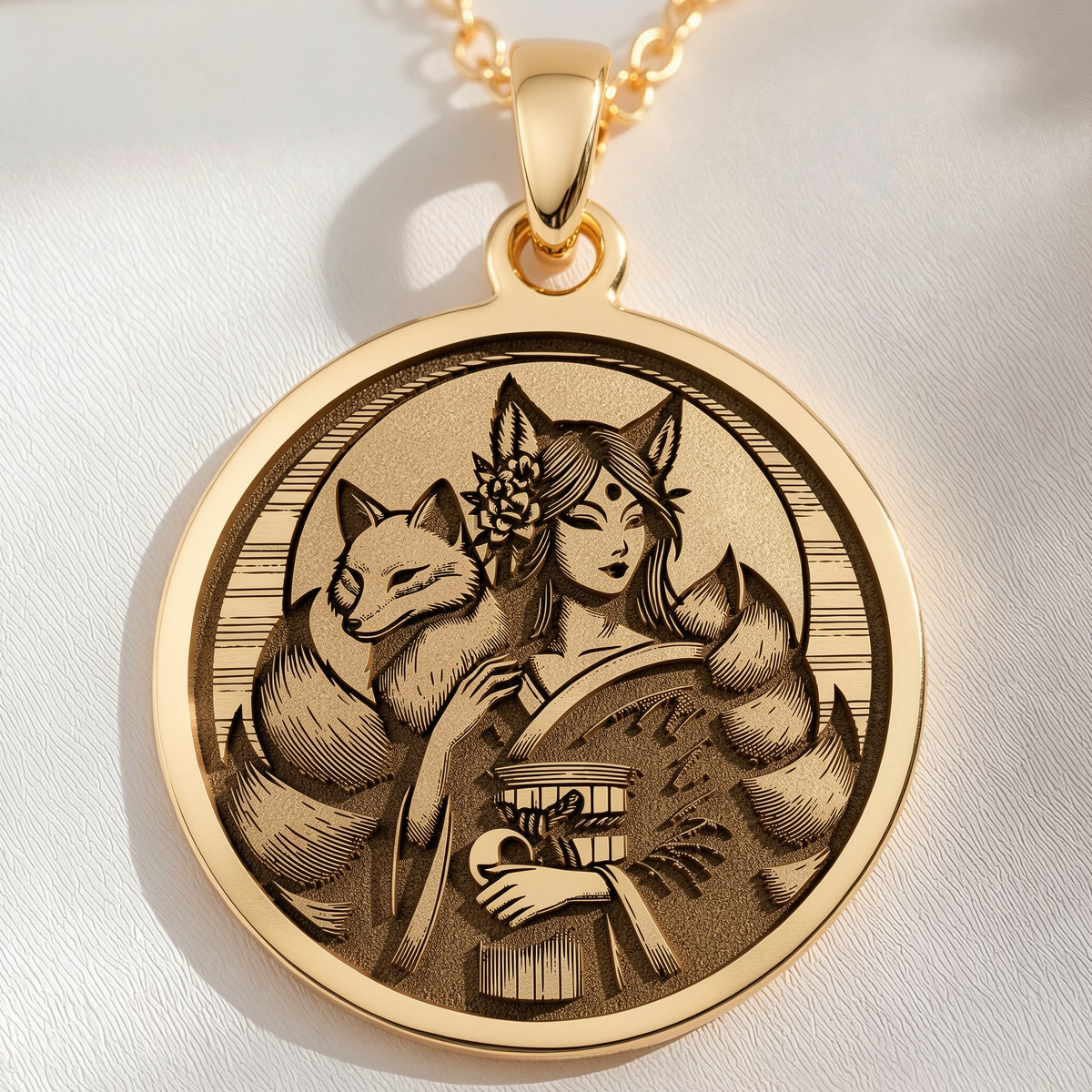 14K solid gold Kitsune Fox Medallion Necklace: round  of Kitsune fox deity with engrave...
