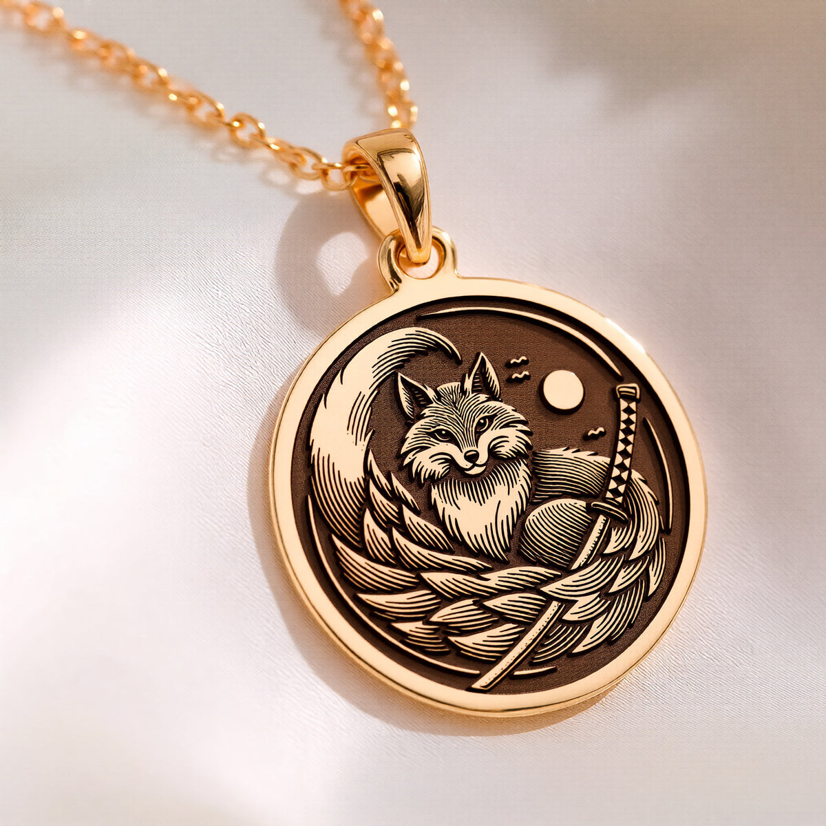 Kitsune Fox Medallion Necklace Necklaces 14K 14K Gold Plated pendant necklace featuring a fox holding a staff within a wreath design.