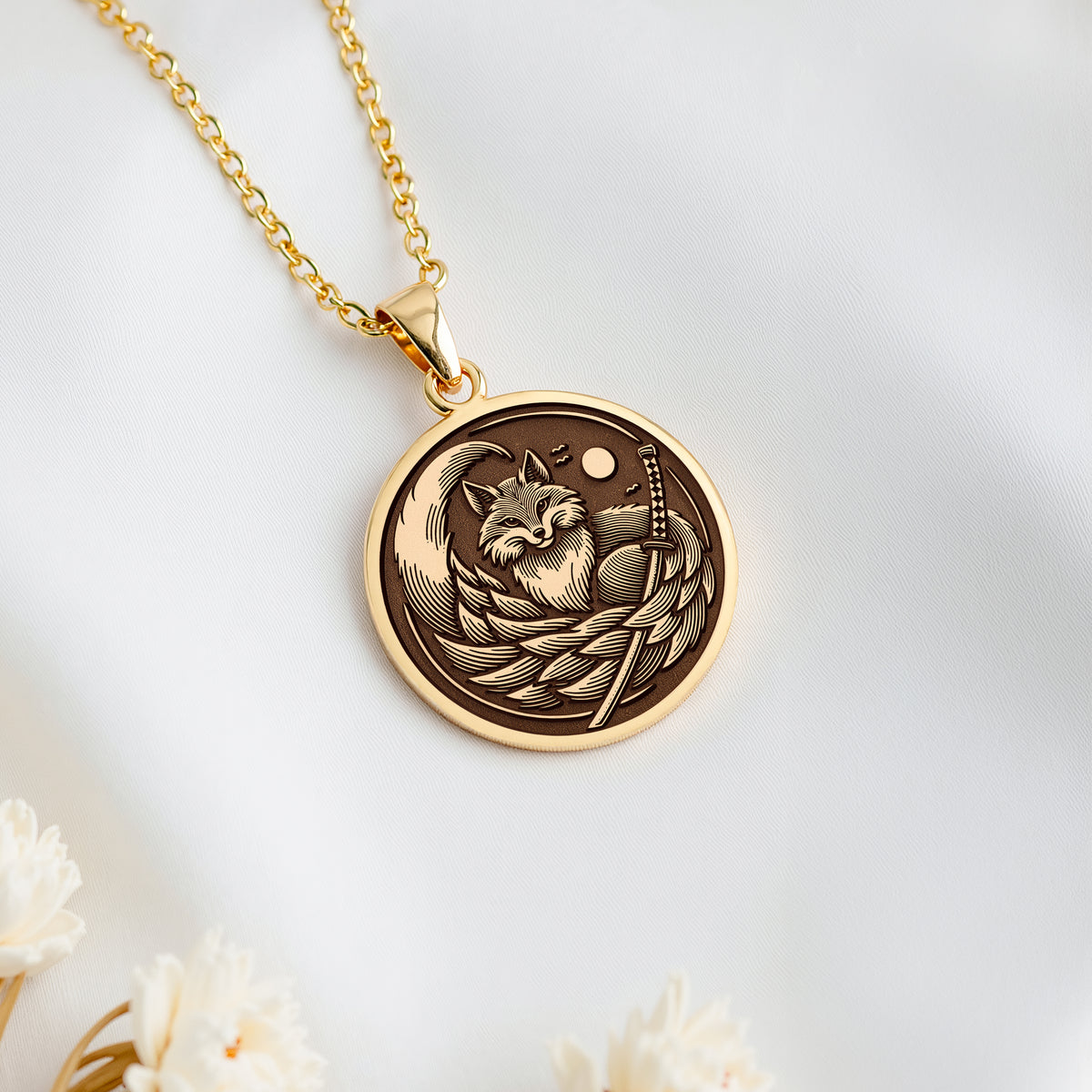 Kitsune Fox Medallion Necklace Necklaces 14K 14K Gold Plated round pendant featuring a fox design with celestial dot necklace