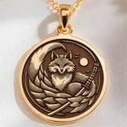 Kitsune Fox Medallion Necklace Necklaces 14K 14K Gold Plated pendant necklace featuring a detailed fox head with a crescent moon and sword design.