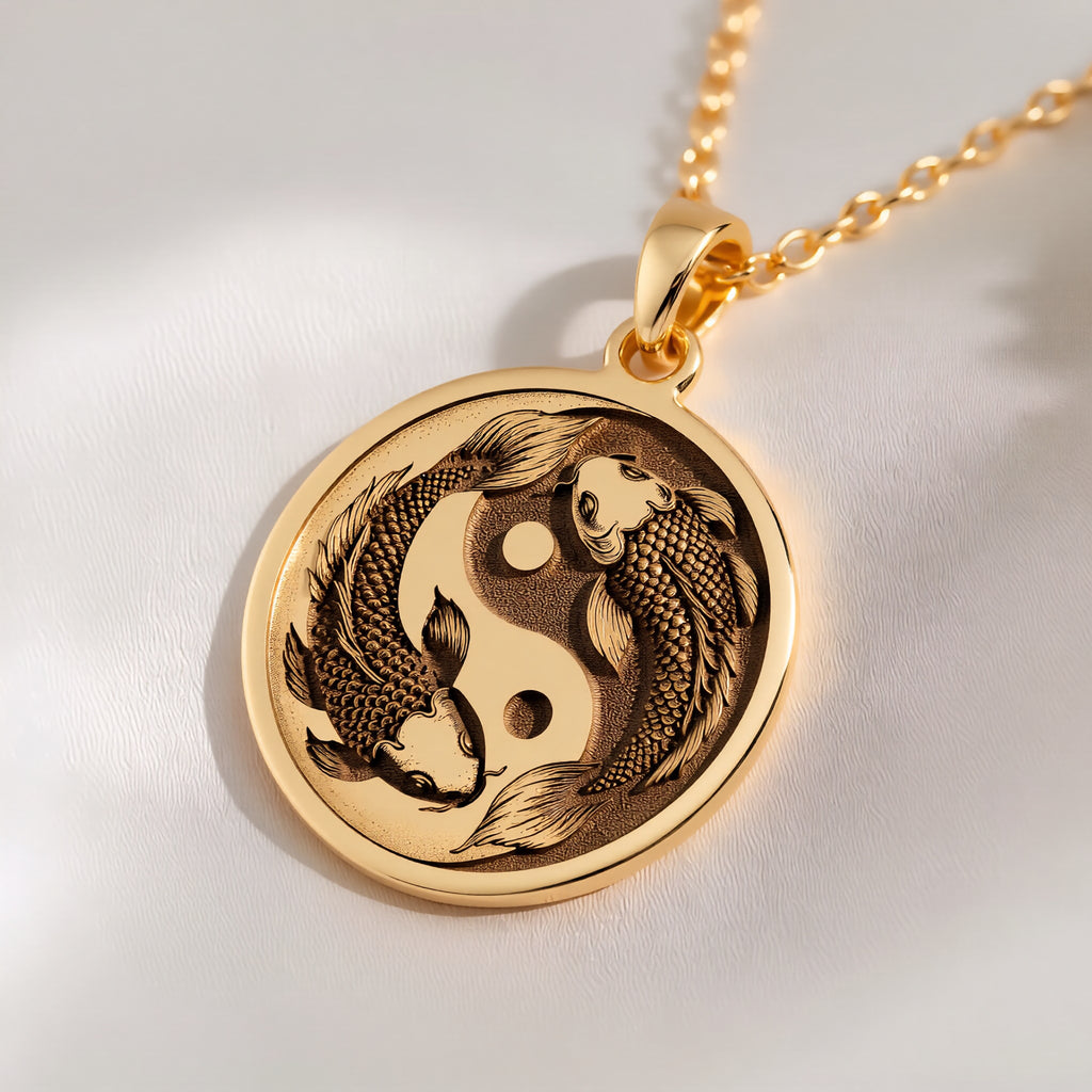 14K solid gold Koi Fish Talisman Necklace: round  of koi fish forming yin yang symbol w...
