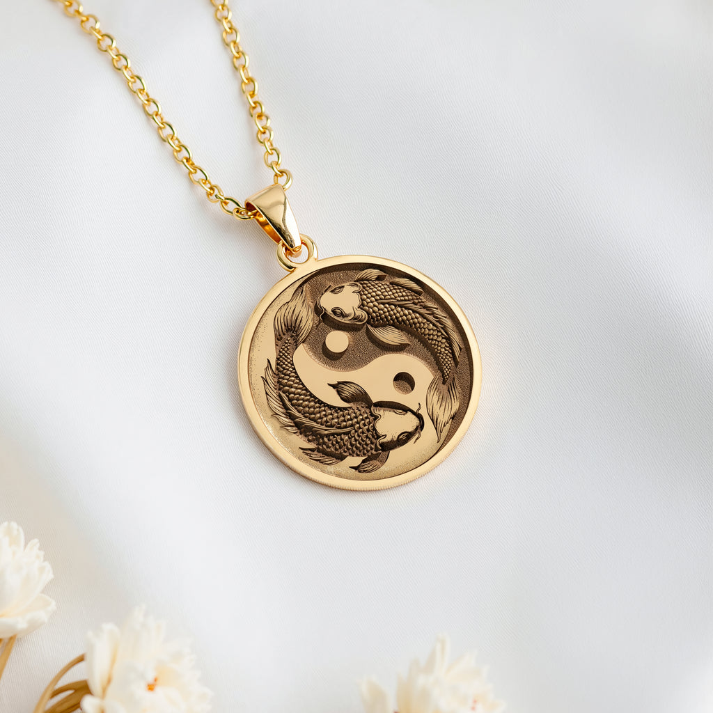 14K solid gold Koi Fish Talisman Necklace: round  two koi fish swimming in a yin yang s...