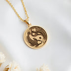 14K solid gold Koi Fish Talisman Necklace: round  two koi fish swimming in a yin yang s...