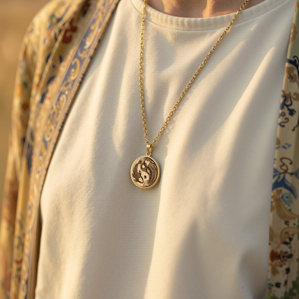 14K solid gold Koi Fish Talisman Necklace: round  of koi fish water symbol with engrave...