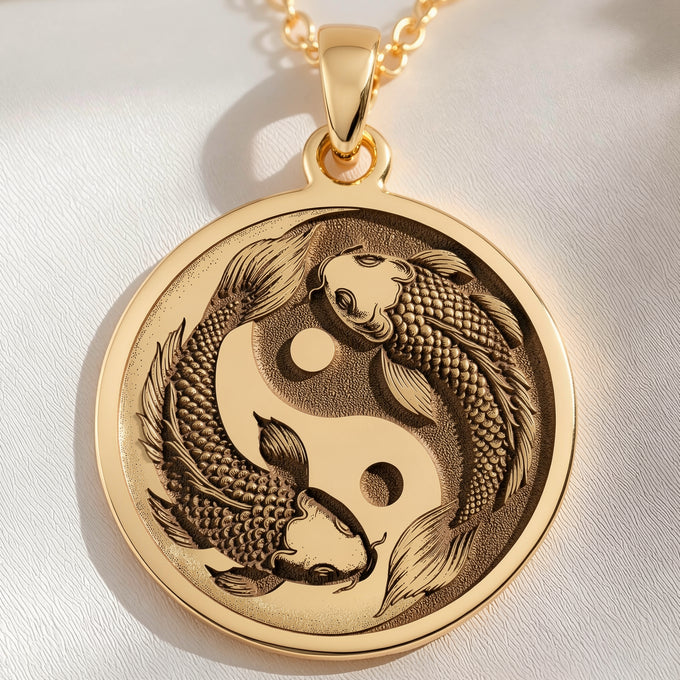 14K solid gold Koi Fish Talisman Necklace: round  of koi fish upstream within yin yang ...