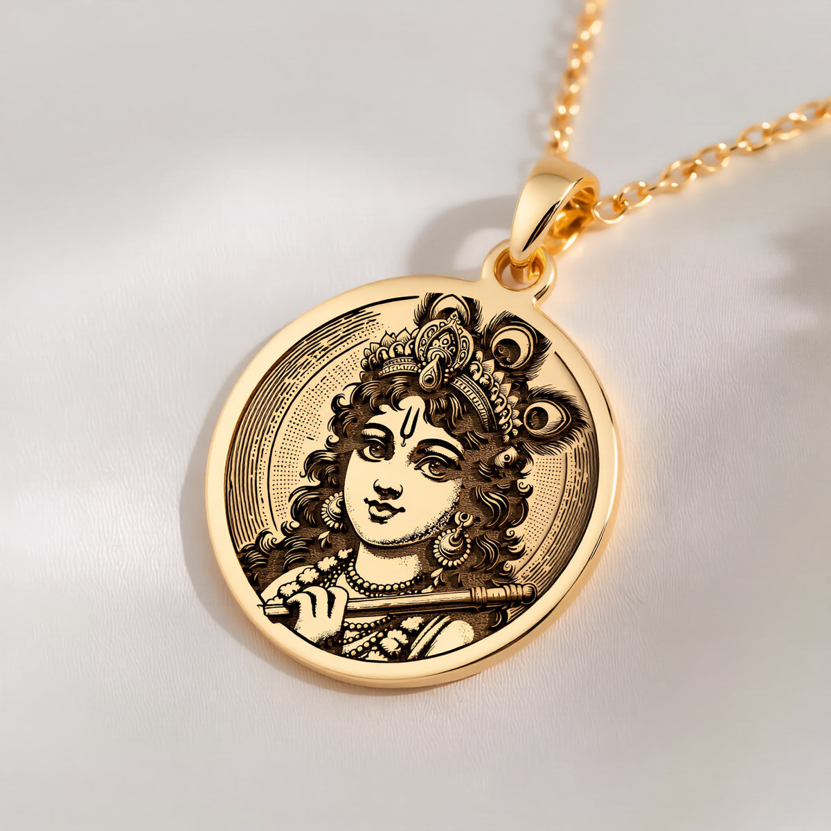 14K solid gold Krishna God Talisman Necklace: round  of Krishna Hindu deity with engrav...