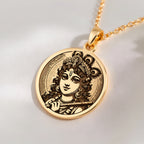 14K solid gold Krishna God Talisman Necklace: round  of Krishna Hindu deity with engrav...