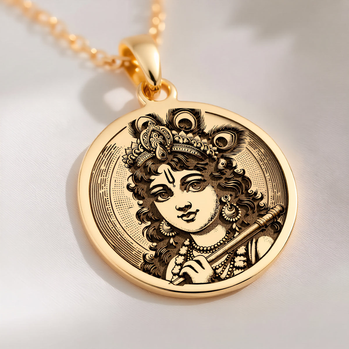 14K solid gold Krishna God Talisman Necklace: round  of Krishna Hindu deity with engrav...