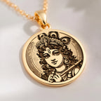 14K solid gold Krishna God Talisman Necklace: round  of Krishna Hindu deity with engrav...